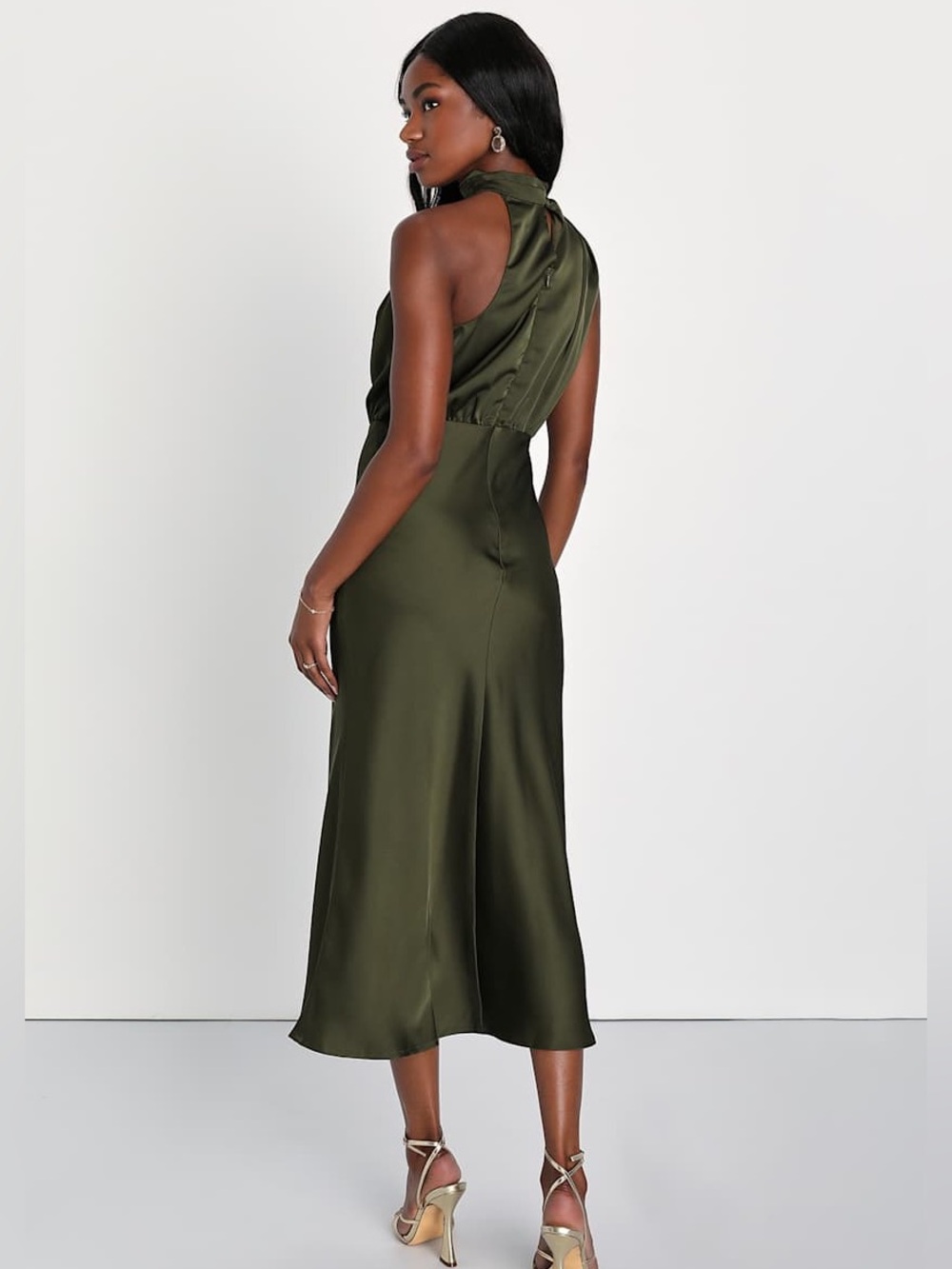 LULUS Distinctive Charm Olive Green Satin Asymmetrical Mock Neck Maxi Dress S - Picture 4 of 13